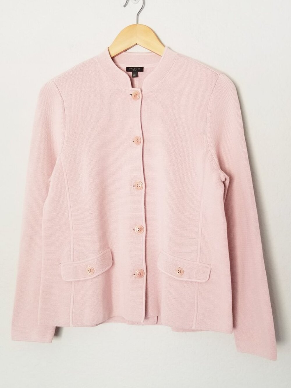 Talbots Banded Collar Knit Sweater Jacket M Petite Pocket Pink Minimalist Luxe
